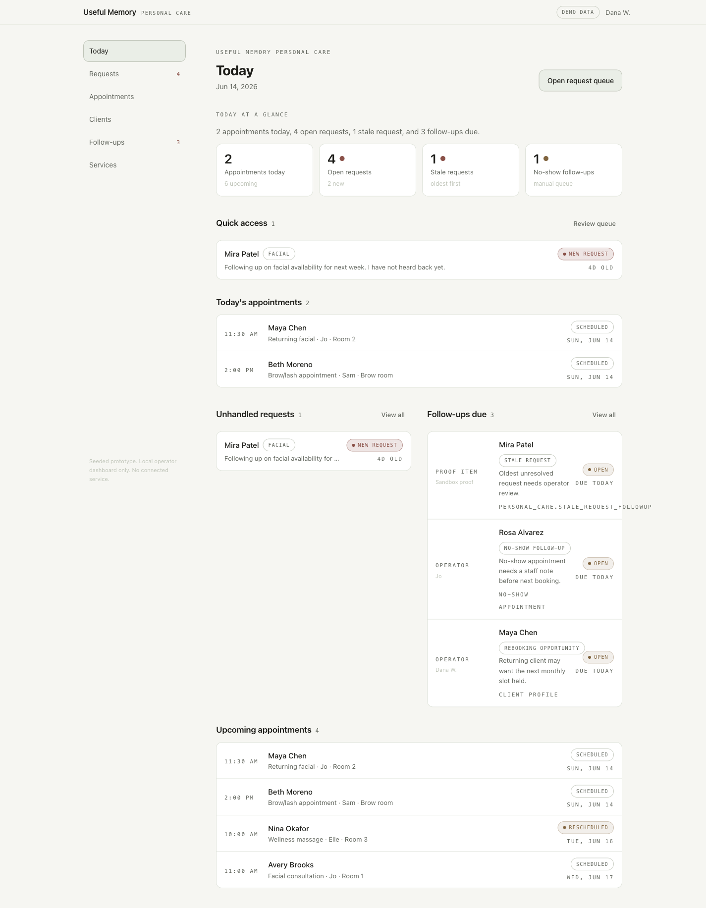 Useful Beauty dashboard screenshot showing appointments, client requests, preferences, and follow-ups.